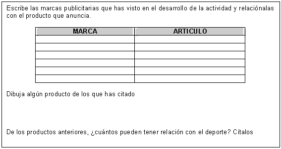 Cuadro de texto: Escribe las marcas publicitarias que has visto en el desarrollo de la actividad y relaci&oacute;nalas con el producto que anuncia.    MARCA	ARTICULO  	  	  	  	  	  	    Dibuja alg&uacute;n producto de los que has citado          De los productos anteriores, &iquest;cu&aacute;ntos pueden tener relaci&oacute;n con el deporte? C&iacute;talos    